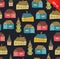 Seamless pattern with decorative houses. Colorful town background for print, textile, wallpapers, crafts