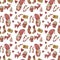 Seamless pattern with decorative New Year sweets and fairy gnome and deer. Christmas gingerbread and caramel stick, cup