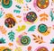 Seamless pattern with decorative snails, leaves and drops. Vector illustration