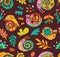 Seamless pattern with decorative snails, leaves and drops. Vector illustration