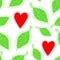 Seamless pattern with decorative spring leaves and young hearts.