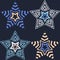 Seamless pattern with decorative stars of curved stripes. Design with manual hatching. Textile. Ethnic boho ornament.