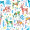 Seamless pattern deer Christmas tree decoration forest stars snowflakes. New Year colorful landscape sketch design