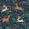 Seamless pattern with deer and rabbit. Winter background. Vector