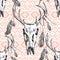 Seamless pattern with deer scull, feathers and tribal ornaments