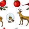 Seamless pattern deer and snow globe, red cardinal, birds. Merry Christmas or xmas, New Year. winter holiday decoration