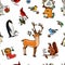 Seamless pattern deer, squirrel and Christmas animals. New Year penguin and bird cardinal or tit in the forest. winter