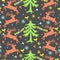 Seamless pattern with deers, Christmas trees, birds. Vector graphics