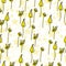 Seamless pattern of delicate doodle flowers with a yellow silhouette and various stars on a white background