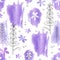 Seamless pattern with delicate lavender flowers and transparent spots on a white background. Hand drawn watercolor illustration