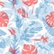 Seamless pattern with delicate tropical flowers and leaves