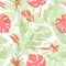 Seamless pattern with delicate tropical flowers and leaves