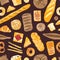 Seamless pattern with delicious breads, sweet pastry, baked products or bakery goods of various types on dark background