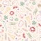 Seamless pattern with delicious pizza toppings or ingredients hand drawn with colorful contour lines on light background