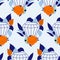 Seamless pattern design with blue diamond, orange flowers and colorful maritime leaves