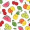 Seamless pattern design with cute fruit characters. Repeat tile with kawaii pineapple, watermelon, cherry, pear, orange, lemon and
