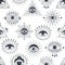 Seamless pattern design with Evil doodle eye. Hand drawn witchcraft eye talisman