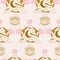 Seamless pattern design with golden hands, flowers, diamonds and evil eye