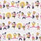 Seamless pattern design with hand drawn multiethnic happy kids smiling, jumping isolated.
