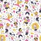 Seamless pattern design with hand drawn multiethnic happy kids smiling, jumping isolated.