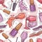 Seamless pattern design with nail lacquer bottles, sketch vector illustration.