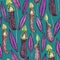 Seamless pattern for design of textile and wallpaper. Colorful neon psychedelic tropical leaves and nepenthes plants. Watercolor