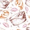 Seamless pattern with desserts. Hand drawn brownie, croissant, pastry. Vector illustration for your design.