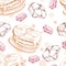 Seamless pattern with desserts. Hand drawn pancakes and buns.