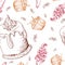 Seamless pattern with desserts. Hand drawn panna cotta, muffin, ice cream. Vector illustration for your design.