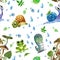 Seamless pattern. Destky style. Turtle, caterpillar, snail, frog, mushrooms, drops and leaves