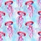 Seamless pattern with detailed transparent jellyfish. Pink and blue sea jelly on blue background. illustration