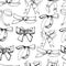 Seamless pattern with diferent monochrome bows. Hand drawn ink sketch isolated on white background