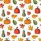 Seamless pattern with different autumn leaves and pumpkins. Autumn harvest, Thanksgiving. Backdrop with colored doodle elements.