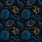 Seamless pattern with different blue and yellow fishes on dark background, vector illustration