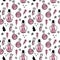 Seamless pattern of different bottles and cans magic potions and liquids to the magic of cooking or kitchen design. Hallween witch