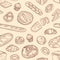 Seamless pattern with different breads and backed products hand drawn with contour lines on light background. Backdrop