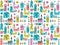 Seamless pattern with different buildings and trees. Retro urban background with houses, stores and churches.