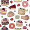 Seamless pattern with different cakes and pastry on white background