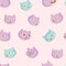 Seamless Pattern with different cats heads isolated on pink background.