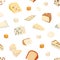 Seamless pattern with different cheese slices on white background. Endless repeatable gourmet food texture with brie