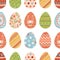Seamless pattern with different colorful Easter eggs on white background. Repeatable spring festive texture. Endless