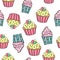 Seamless pattern with different cupcakes on white background. Cupcake background. Sweet pattern for wedding, birhday