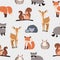 Seamless pattern with different cute cartoon forest animals on white background - squirrel, hedgehog, fox, deer, rabbit