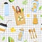 Seamless pattern with different eco objects. Shopping bag, cup, vegetable, cutlery, jar etc.