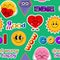 Seamless pattern with different emoji, pins, stamps, stickers. Different Phrases and words. Hand drawn trendy funny
