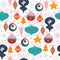 Seamless pattern with different fir tree decoration toys, bells and balls, abstract snowflakes and stars isolated.