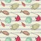 Seamless pattern with different fishes on striped background, vector illustration