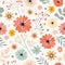 Seamless pattern with different flowers and plants, white background