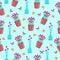 Seamless pattern with different flowers in pots, cute baby print, floral spring pattern in cartoon styl, hand draw