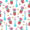 Seamless pattern with different flowers in pots, cute baby print, floral spring pattern in cartoon styl, hand draw